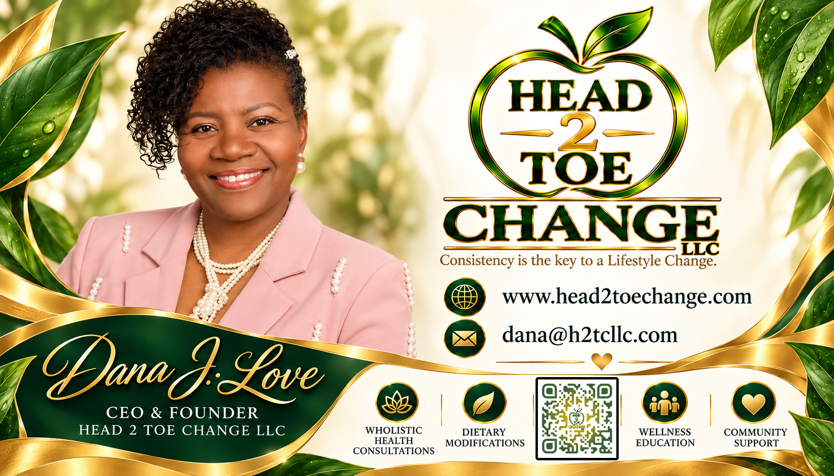Dana J. Love's Head 2 Toe Change business card with green and gold branding